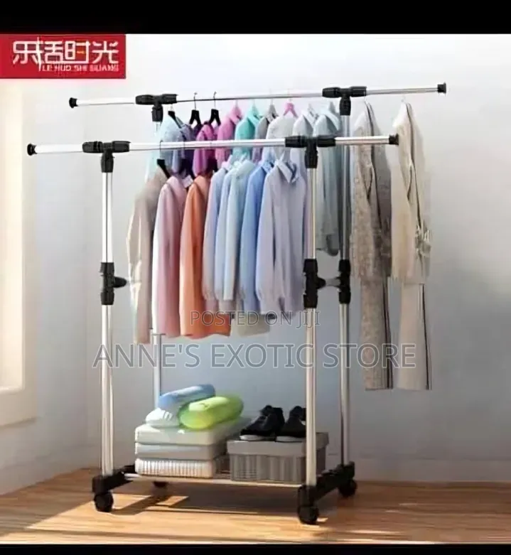 Adjustable Double Pole Clothes Rack With Wheels Extendable Arms