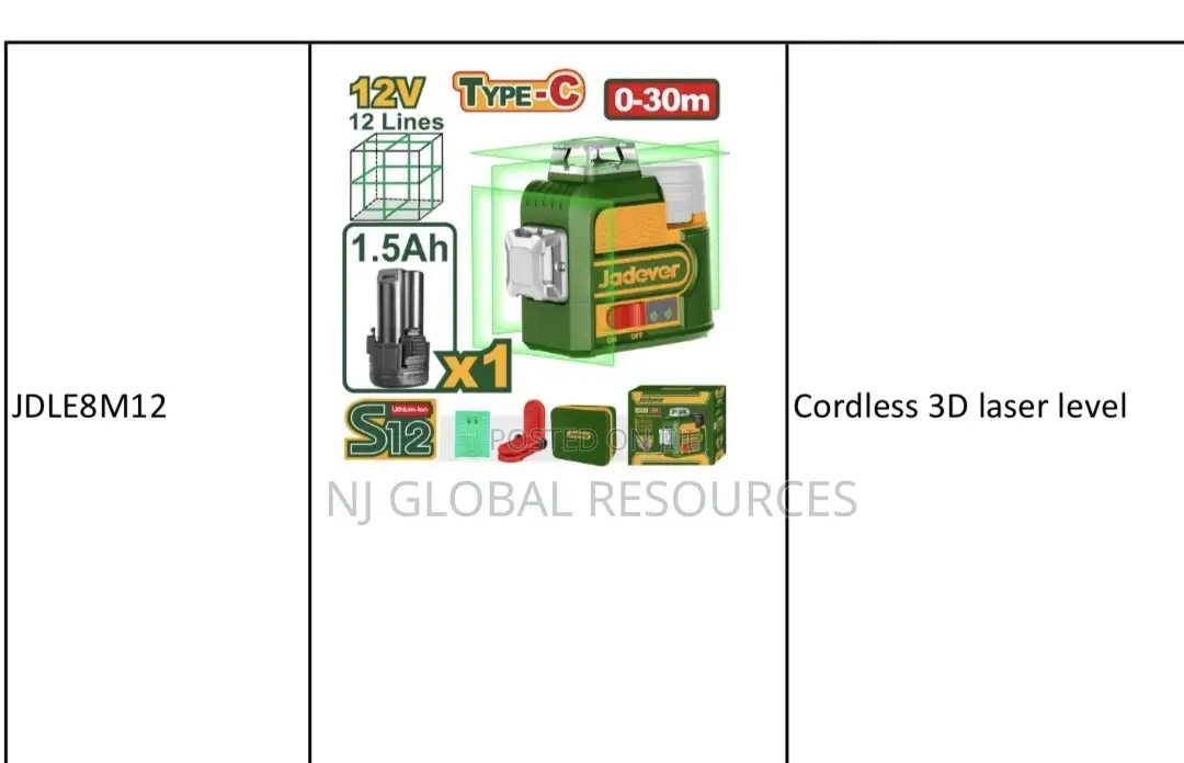 Cordless 3d Laser Level Jadever, 12lines, 30m, Tripod Stand