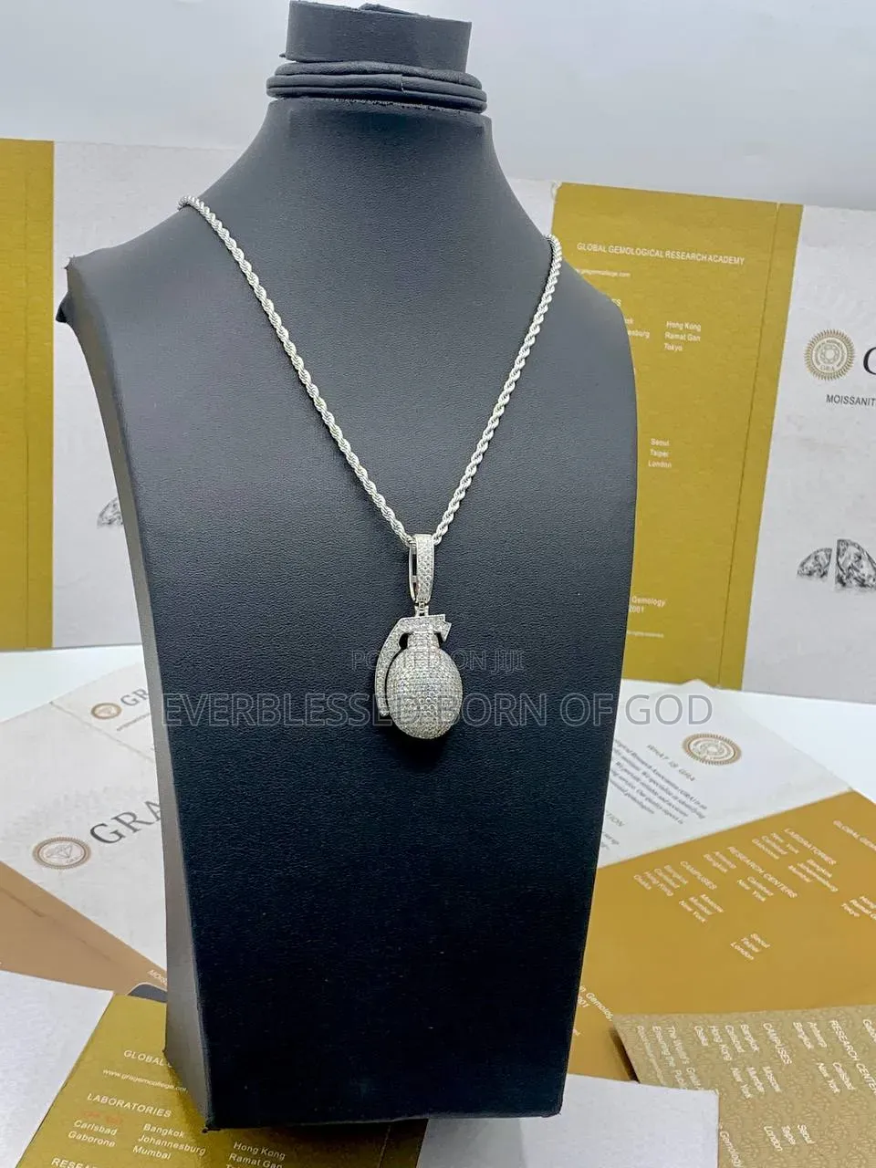 VVS Moissanite Diamond Grenade Pendant and Neck Chain Available Now