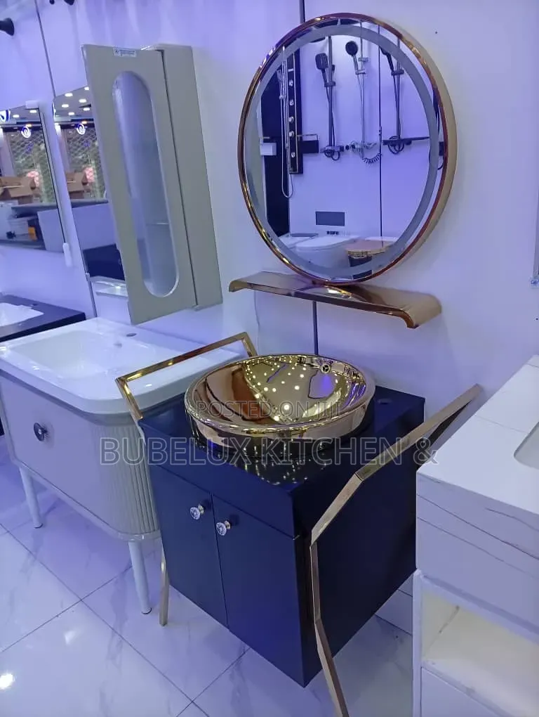 Luxury Gold Basin Navy Vanity Led Mirror Bathroom Set