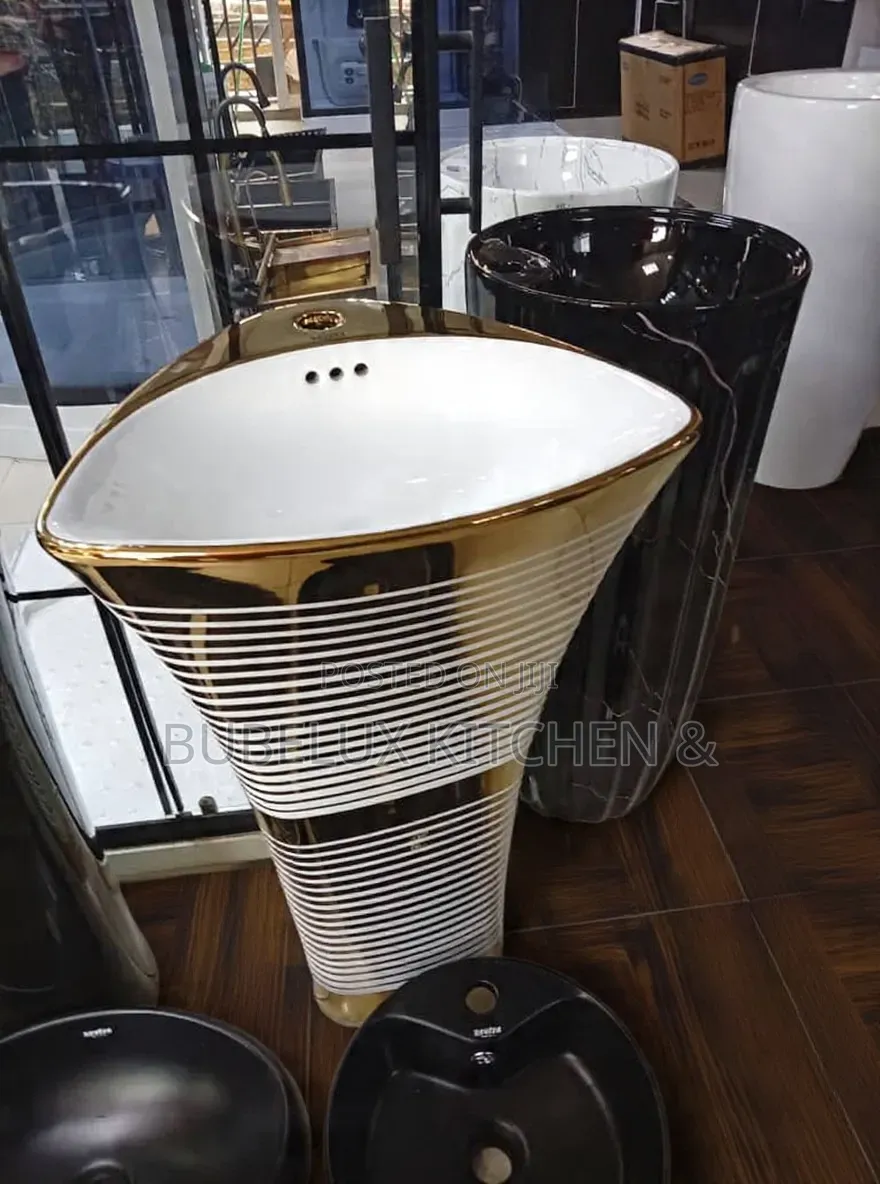 Revita Designer Gold White Striped One-Piece Pedestal Washbasin