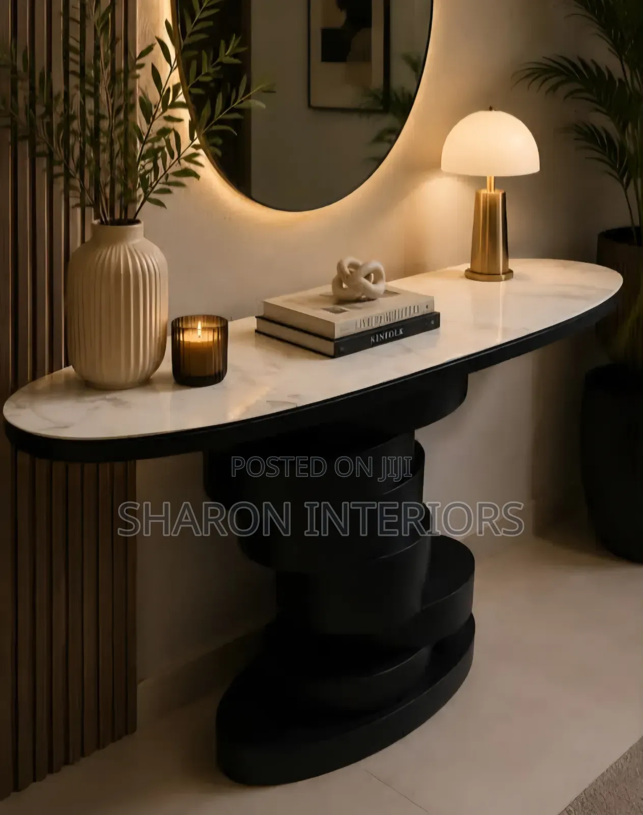 Modern Sculptural Console Table With Marble Top