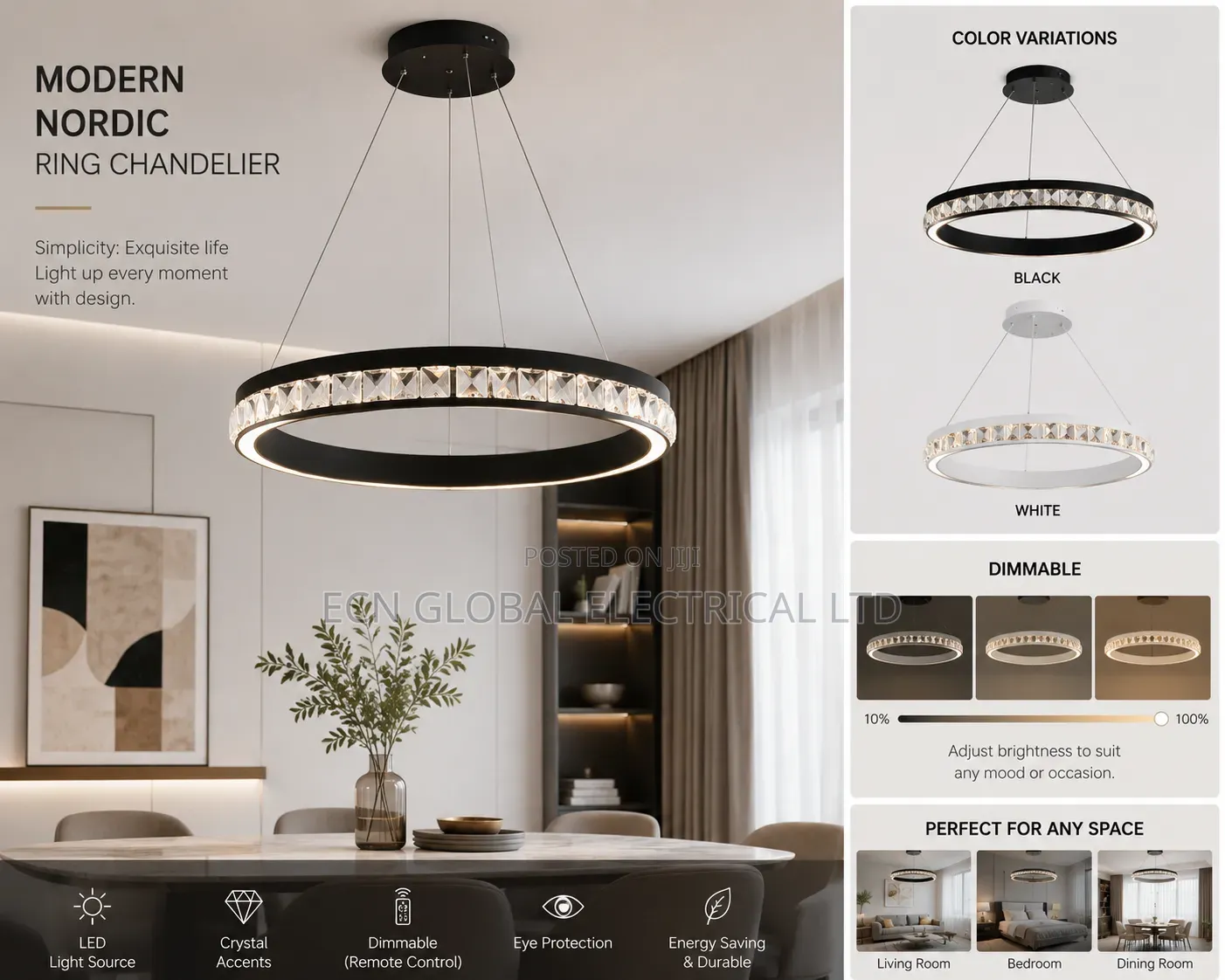 Nordic Black Ring Crystal Led Pendant Chandelier (Dimmable)