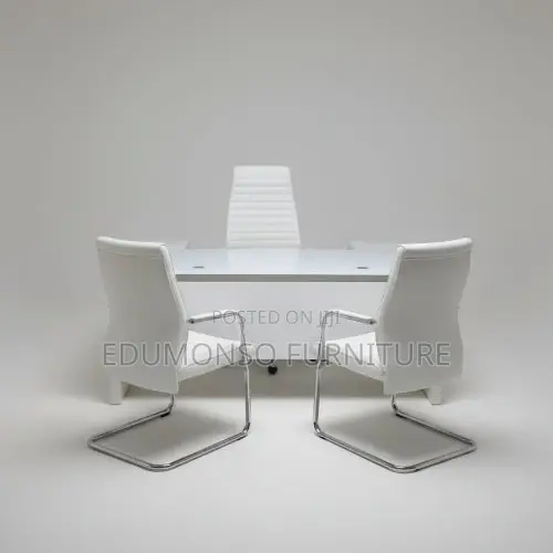 1.6 Meter White Glass Office Desk + Leather Chairs - 909a