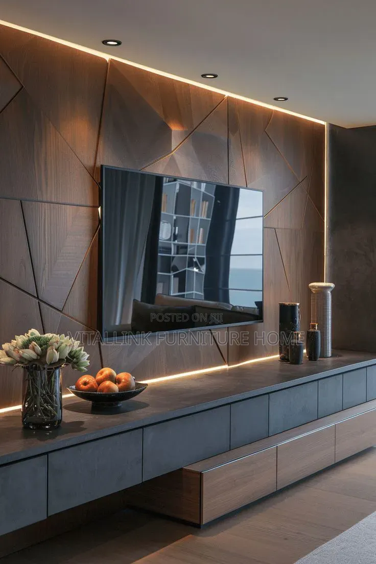 Modern Luxury 3d Geometric Wood Wall Tv Console , Grey Cabinets Leds