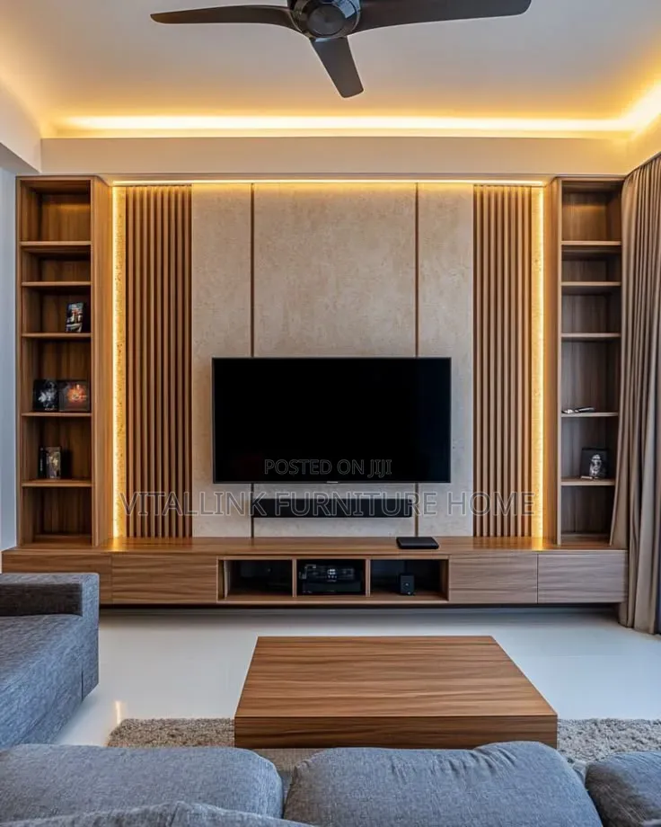 Premium Wood Tv Console With Stone Backing, Shelves Floating Base