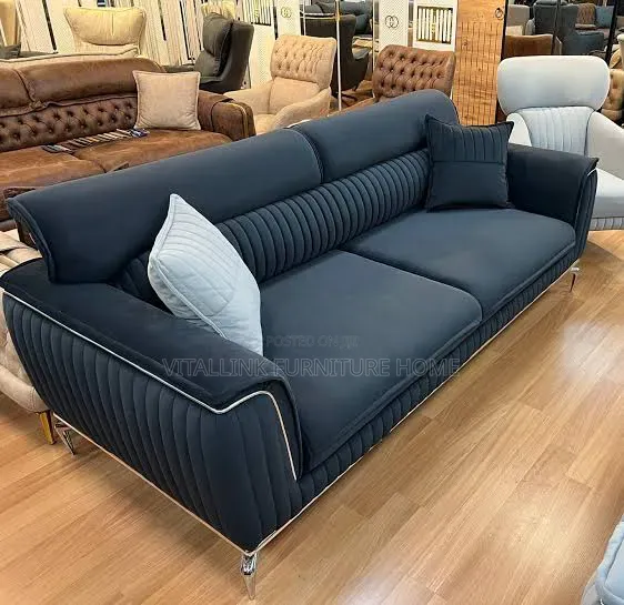 Modern Navy Blue 3-Seater Sofa With Vertical Stitching Metal Legs