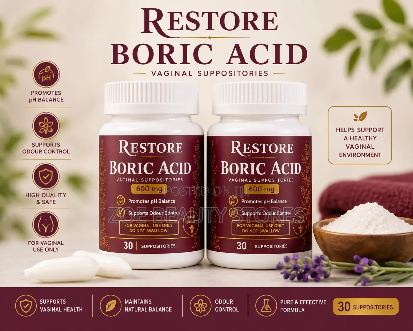 Restore Boric Acid Vaginal Suppositories (600 Mg)