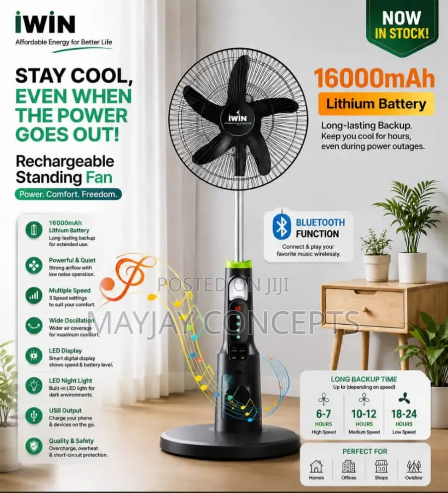 Iwin 16-Inch Solar Rechargeable Fan 16000mah Lithium Mp3 Fm Radio