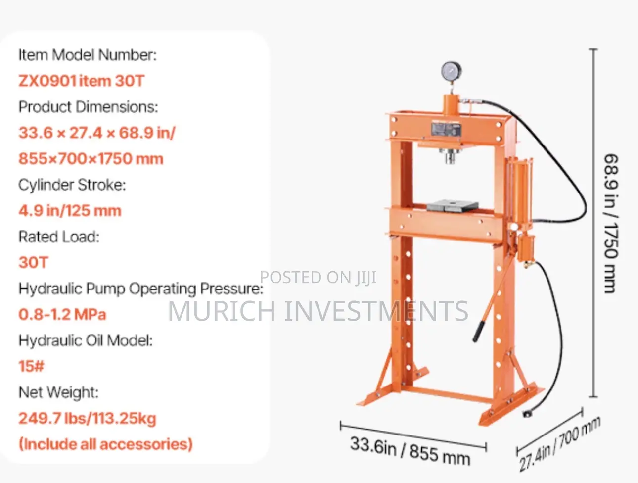30-Ton Hydraulic Shop Press – Heavy-Duty H-Frame Industrial Press