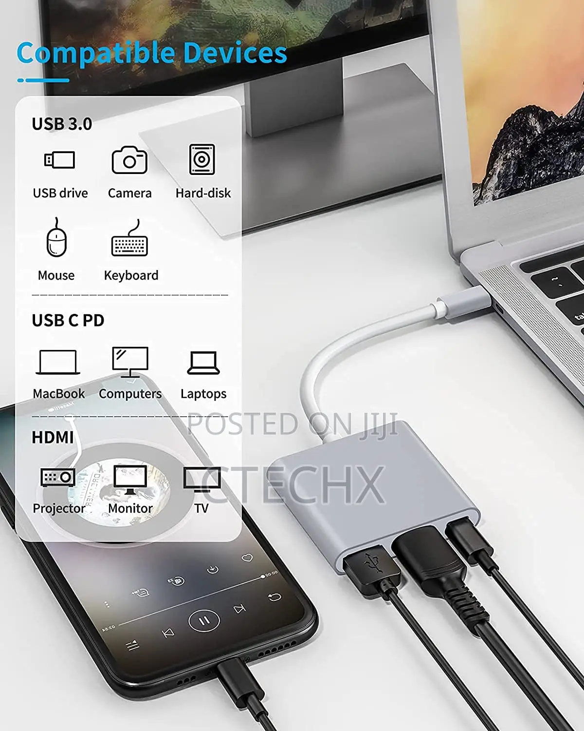 3 in 1 Multiport Usb Type C to Hdmi Usb3.0 and Usb C Power Delivery