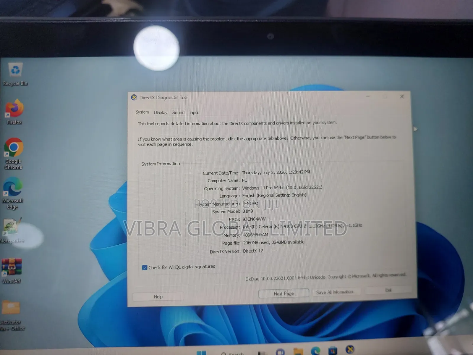 Laptop Lenovo 4GB Intel Celeron SSD 128GB