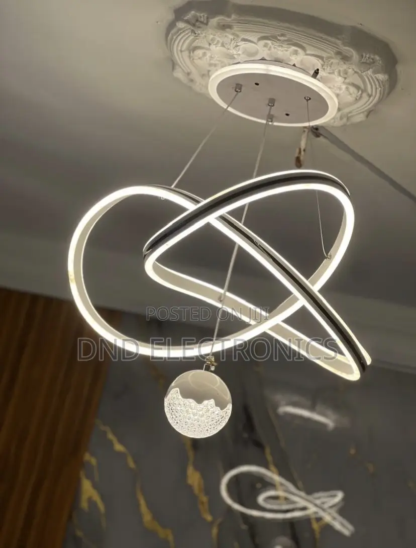 Modern Interlocking Ring Led Chandelier With a Crystal Ball Drop 