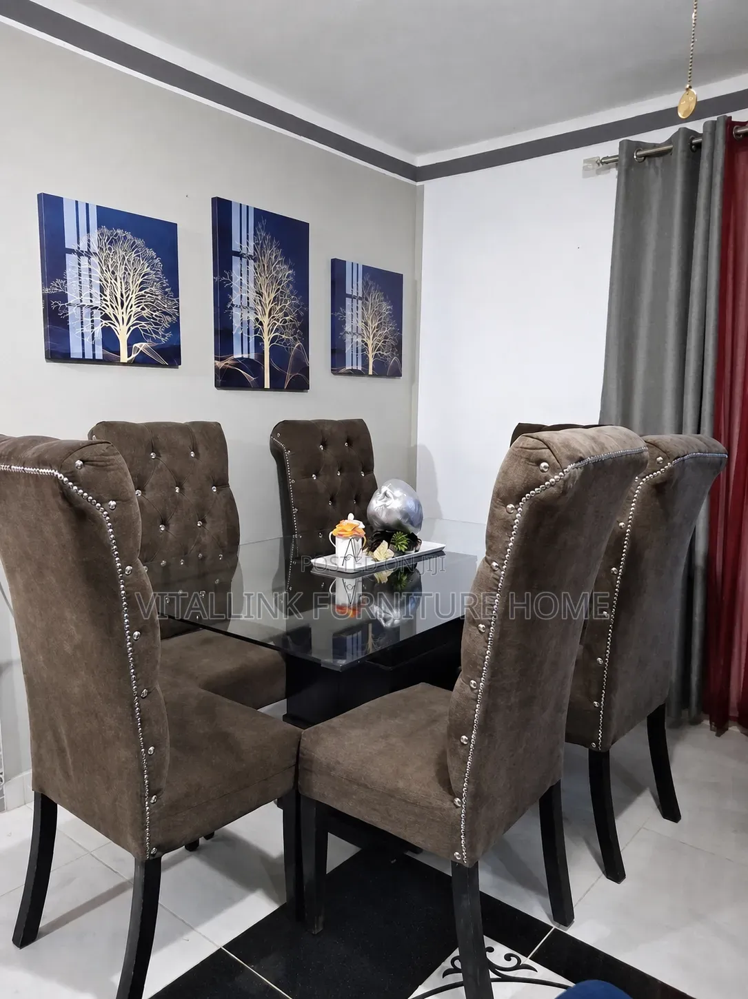 Luxury 6-Seater Dining Set – Brown Velvet Chairs Black Glass Table