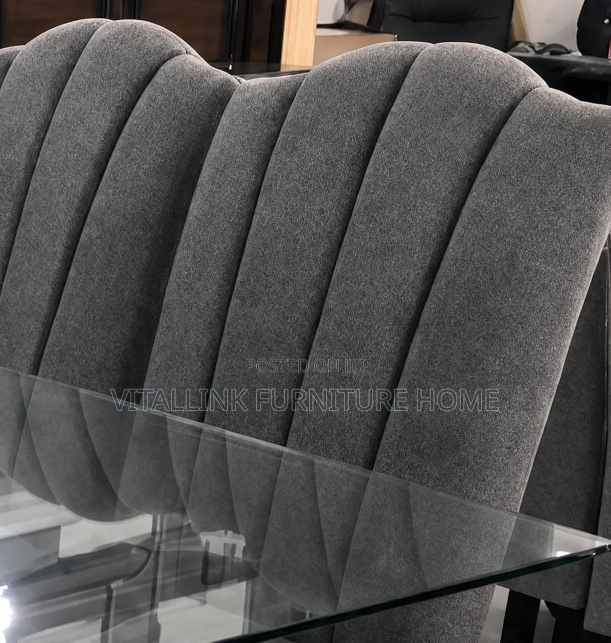 Modern 6-Seater Glass Dining Set With Grey Channel-Tufted Chairs