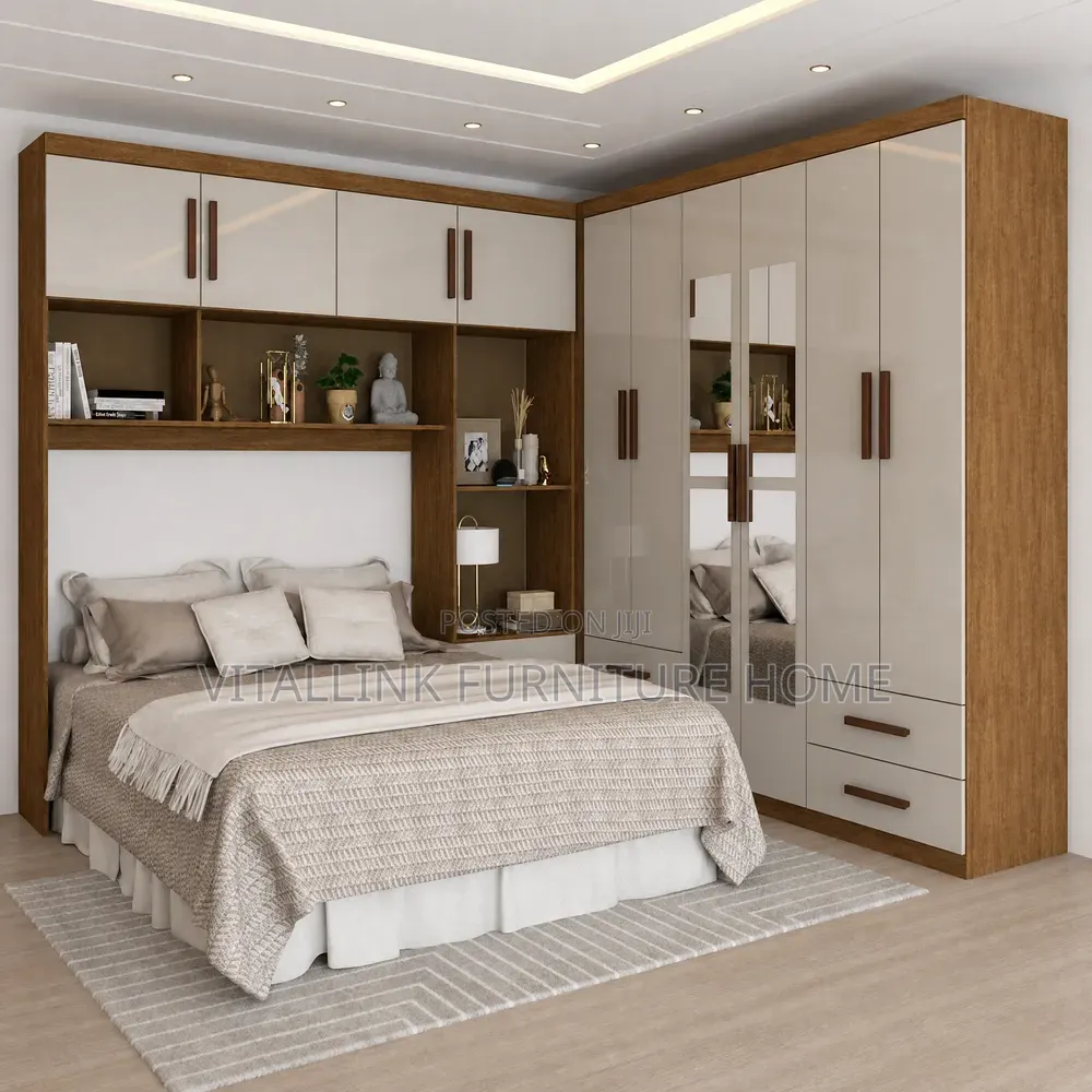 Premium Bed Wardrobe Unit With Overhead Cabinets Shelves