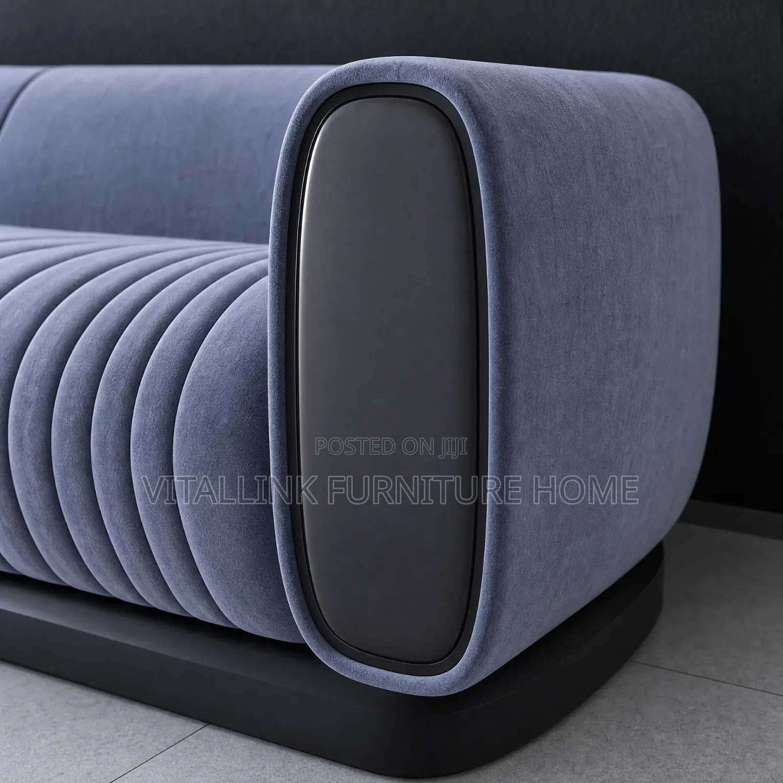 Luxury Grey Velvet Sofa With Black Armrest Panels Base