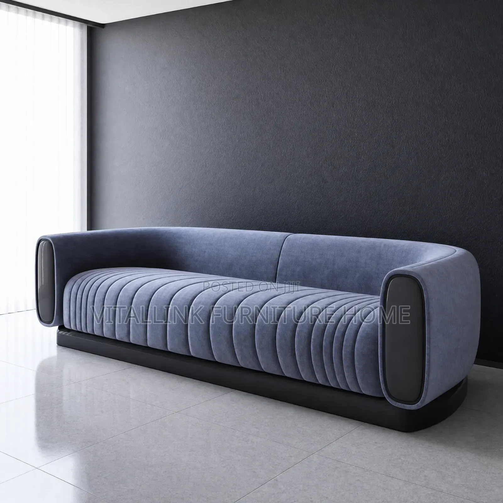 Luxury Grey Velvet Sofa With Black Armrest Panels Base
