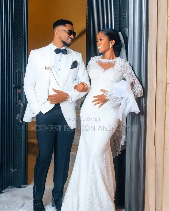 Luxe Micro-Pearl Beaded Bridal Gown White Peak-Lapel Tuxedo Set