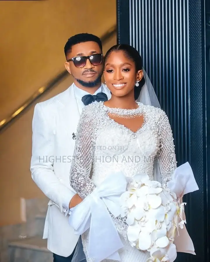 Luxe Micro-Pearl Beaded Bridal Gown White Peak-Lapel Tuxedo Set
