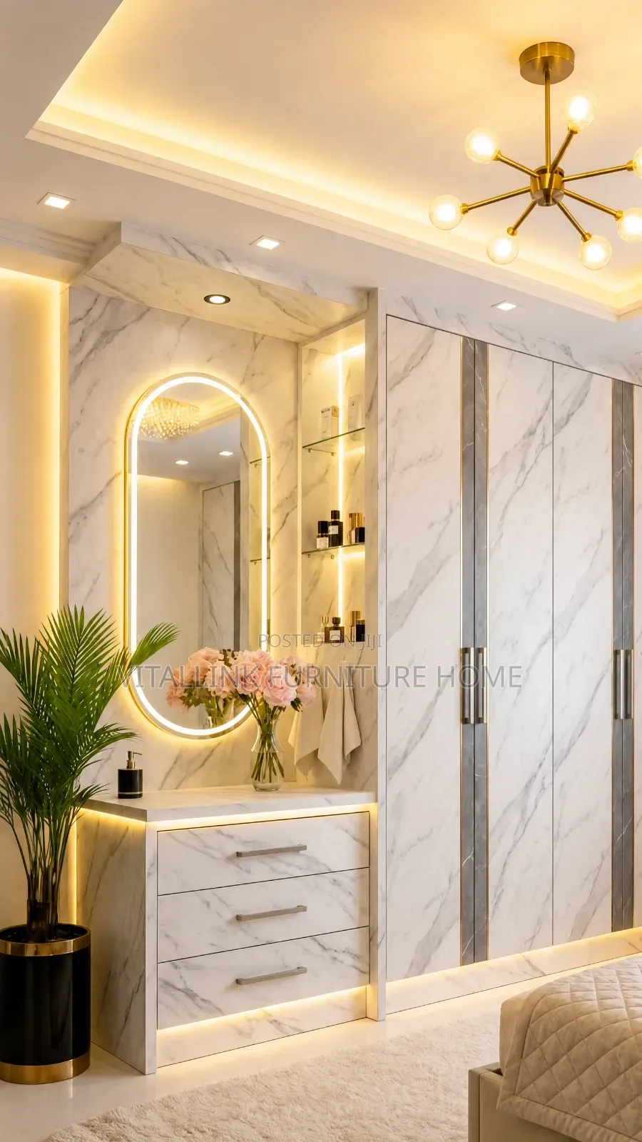 Luxury Marble Wardrobe Vanity Set With Led Mirror Shelves