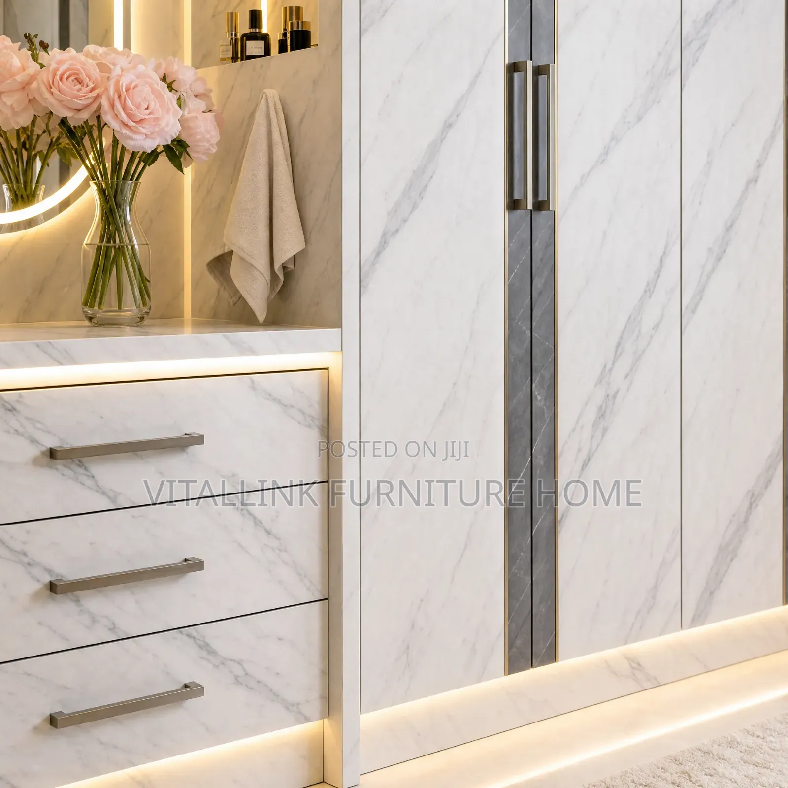 Luxury Marble Wardrobe Vanity Set With Led Mirror Shelves