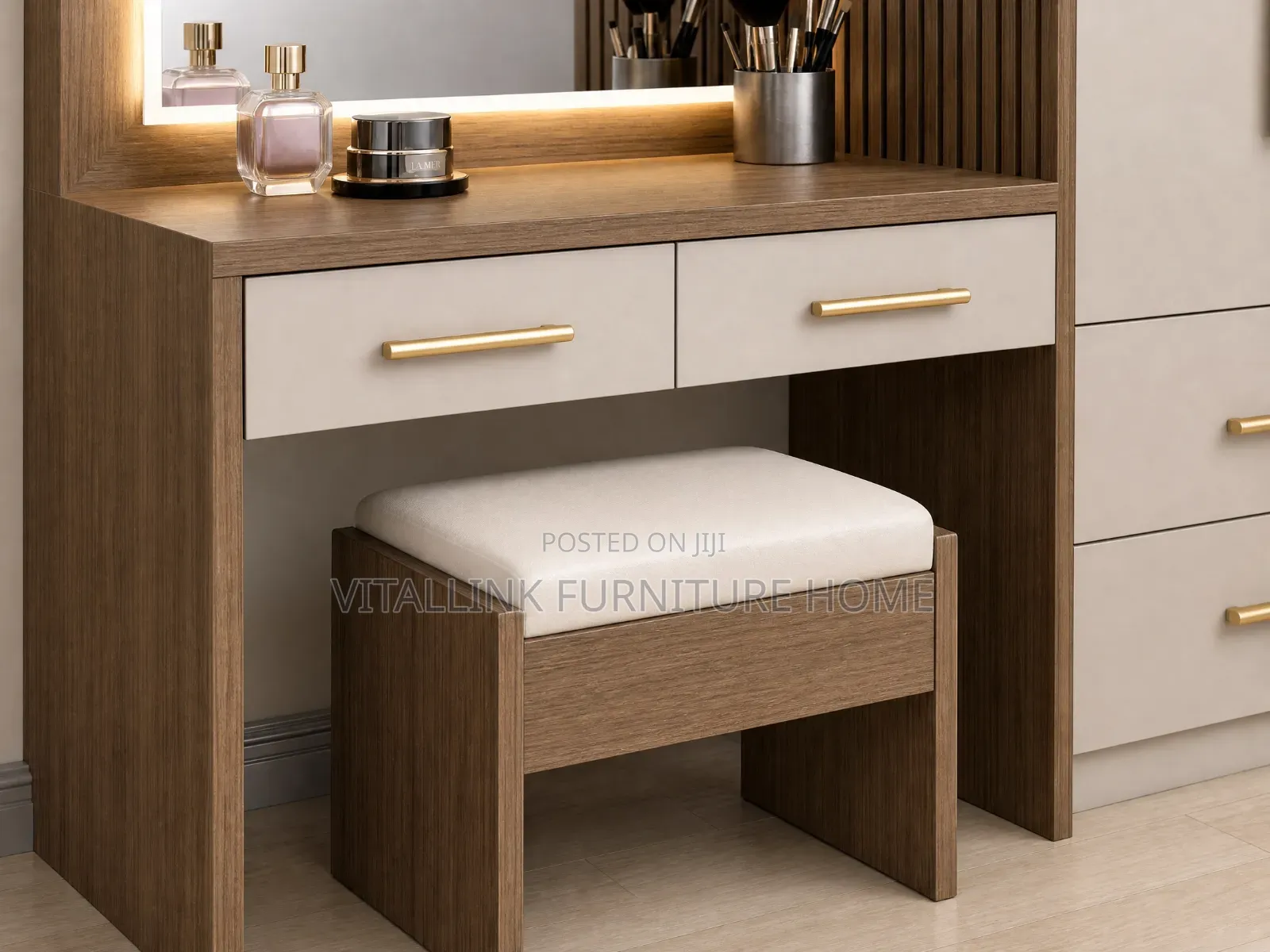 Modern Wood Cream Wardrobe With Vanity Led Backlit Mirror