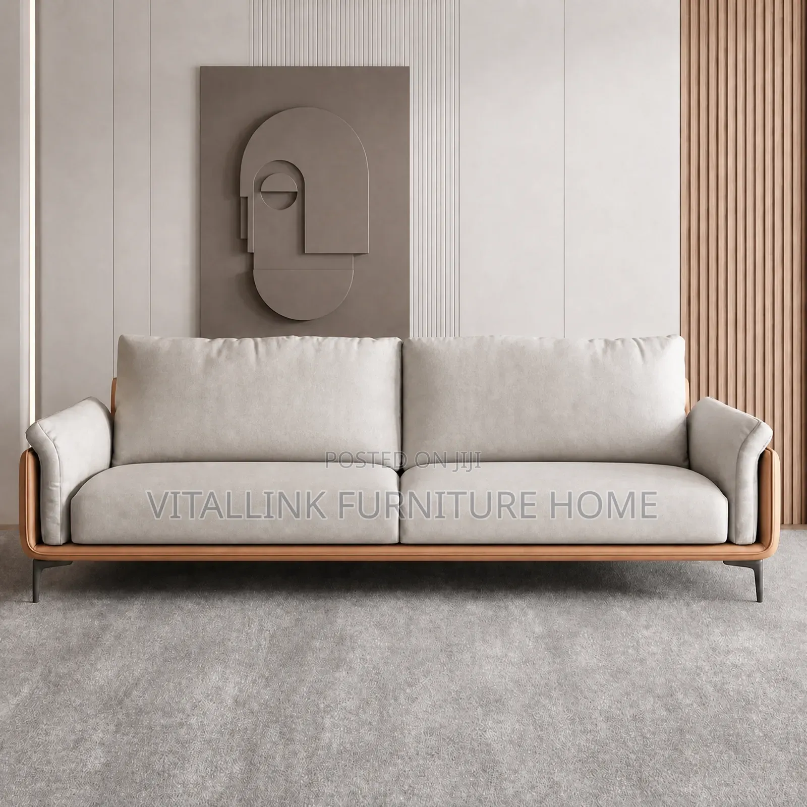 Luxury Light Grey 3-Seater Sofa With Warm Wood Trim