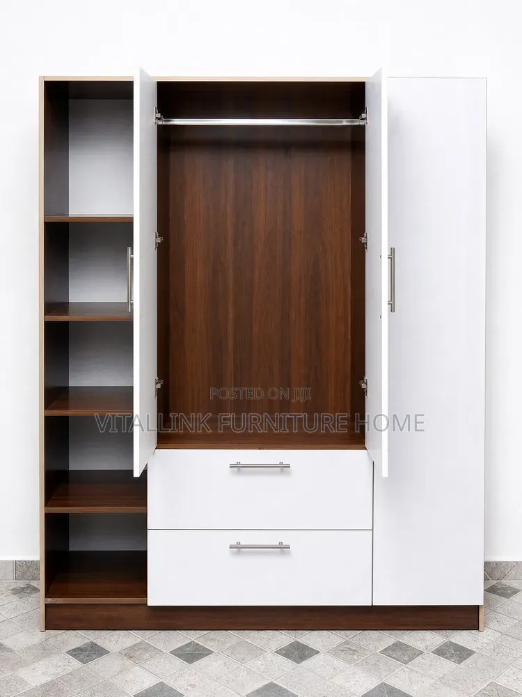 Modern 3-Door Wardrobe With Side Open Shelves Drawers