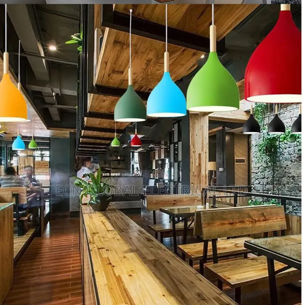 Nordic Red Pendant Lamp With Wooden Accent – Modern Ceiling Light