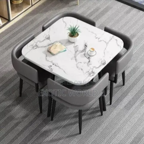 Modern 4 Seater Marble Dining Table Set With Cushioned Chairs