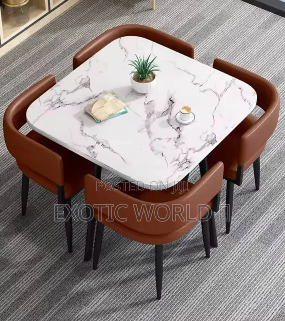 Modern 4 Seater Marble Dining Table Set With Cushioned Chairs