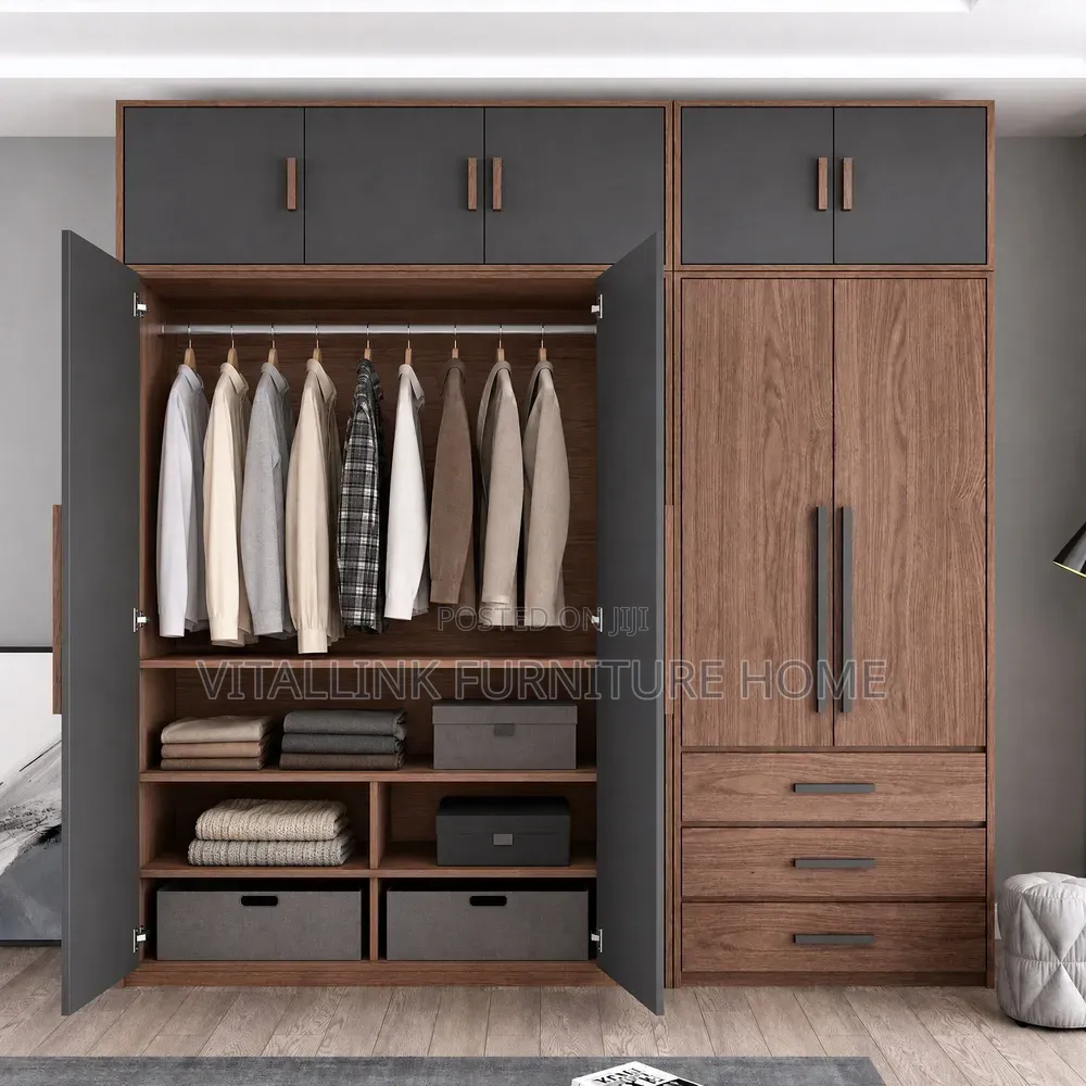 Modern 2-Tone Wardrobe With Overhead Cabinets 3 Drawers