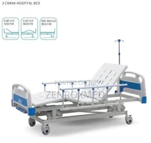 Hospital Bed — 3-Crank Abs Manual (With Side Rails + Drip Stand)