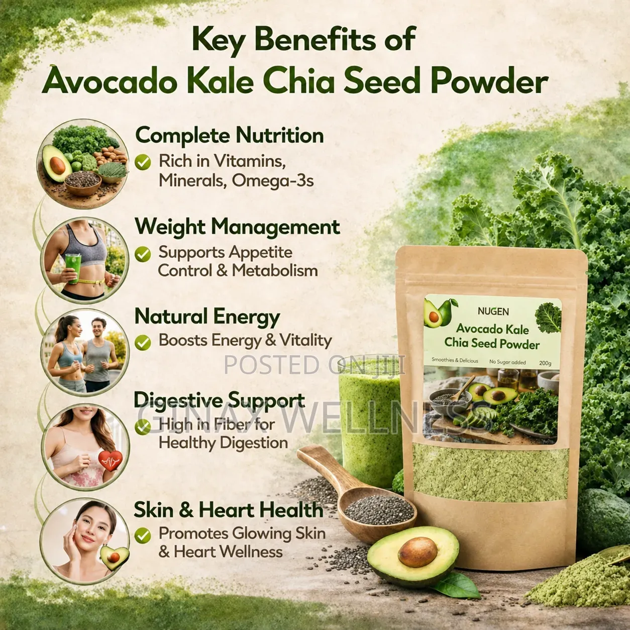 Avocado Kale Chia Seed Powder for Beauty, Energy and Weight Management