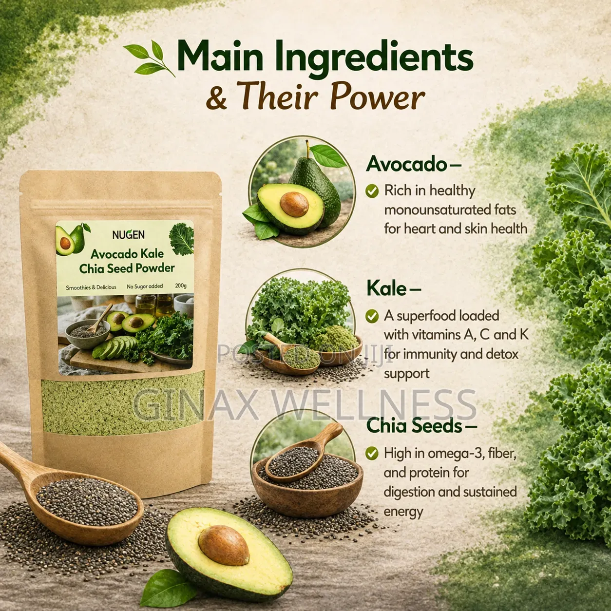 Avocado Kale Chia Seed Powder for Beauty, Energy and Weight Management