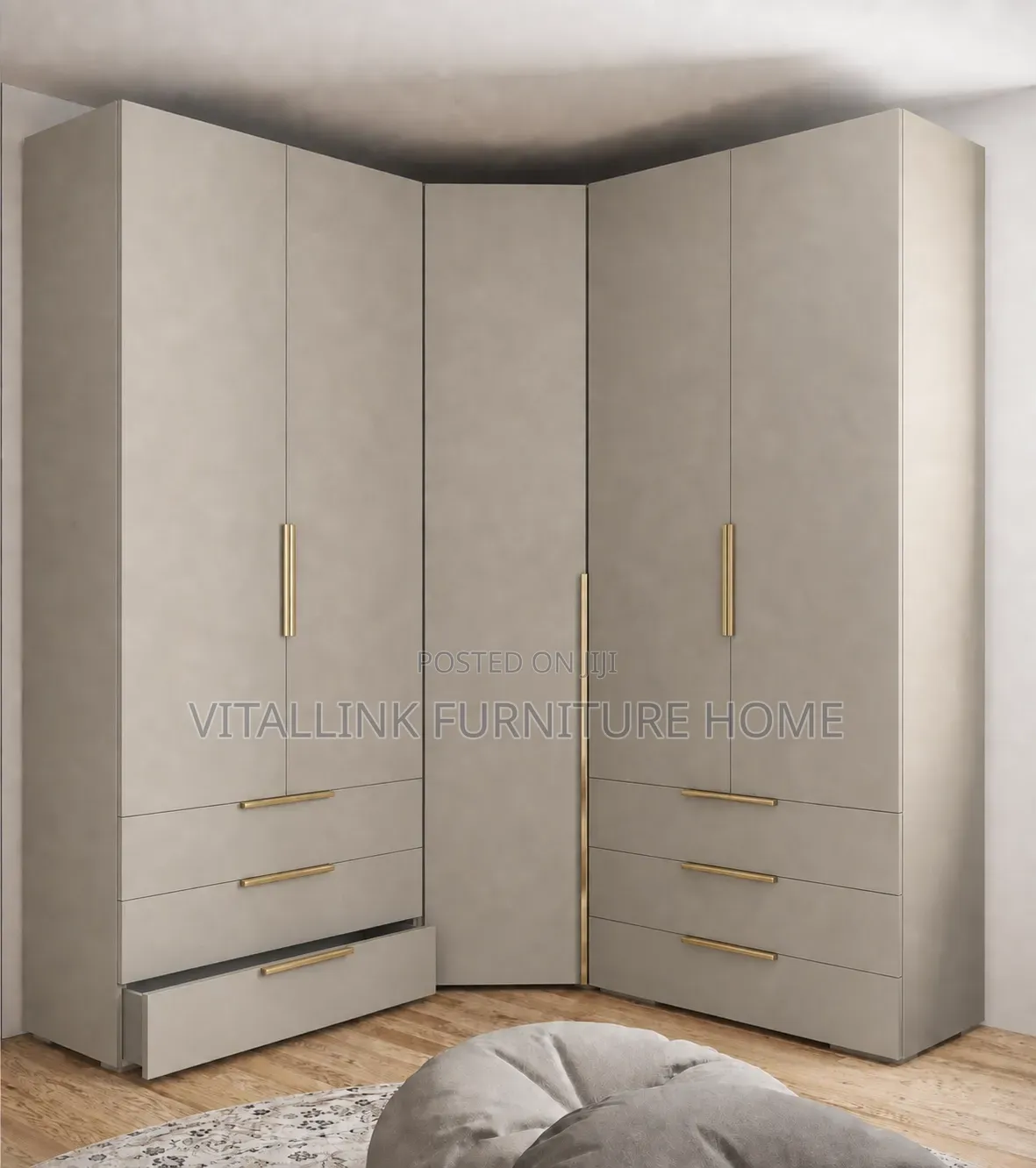 Luxury Matte Beige Corner Wardrobe With Gold Handles Drawers