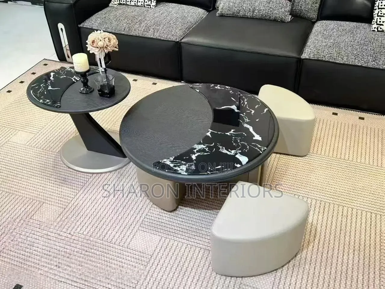 Luxury Marble Coffee Table Set With Ottoman Stools