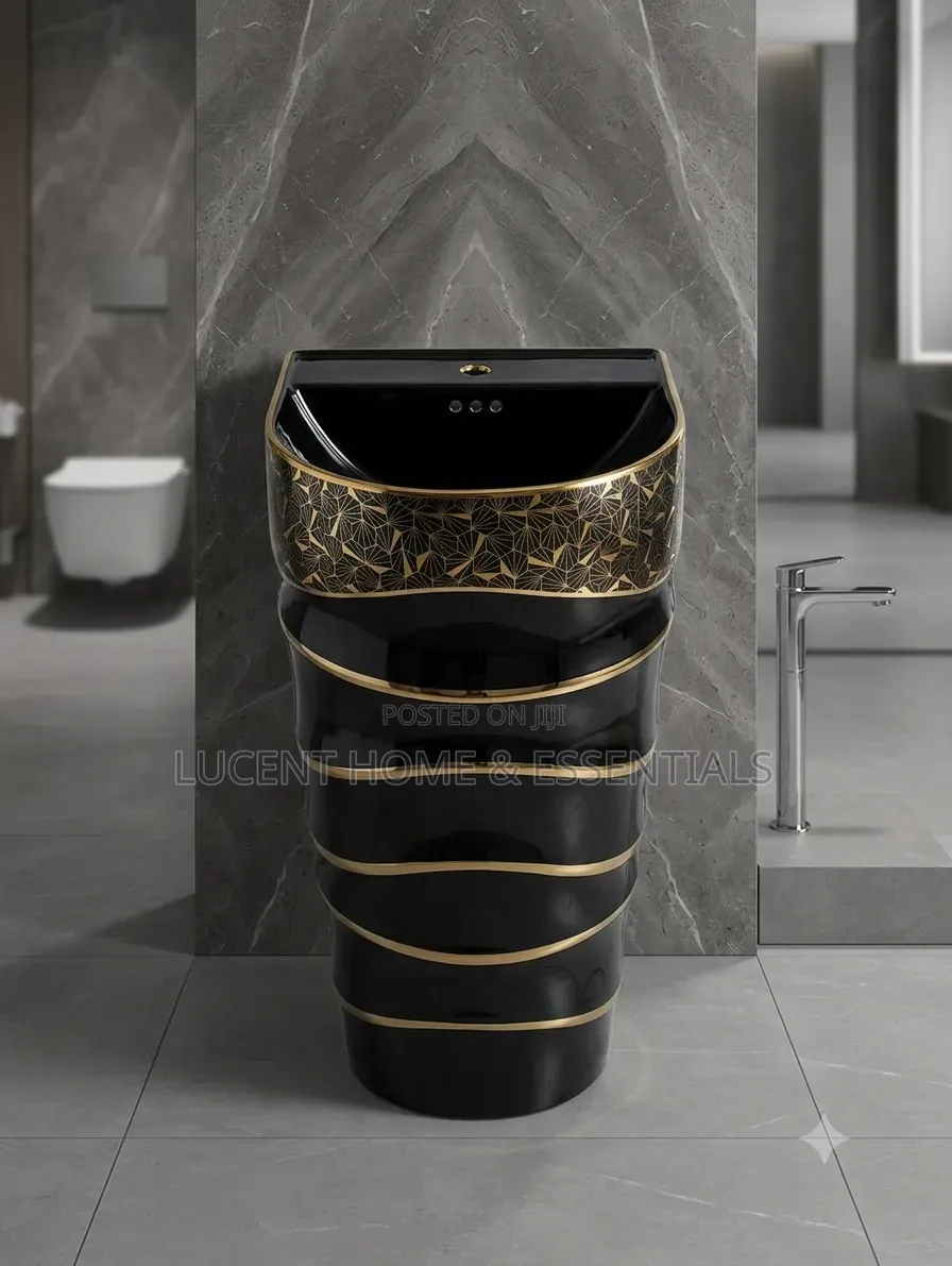 Premium Gold Geometric Pattern Ceramic Pedestal Wash Hand Basin