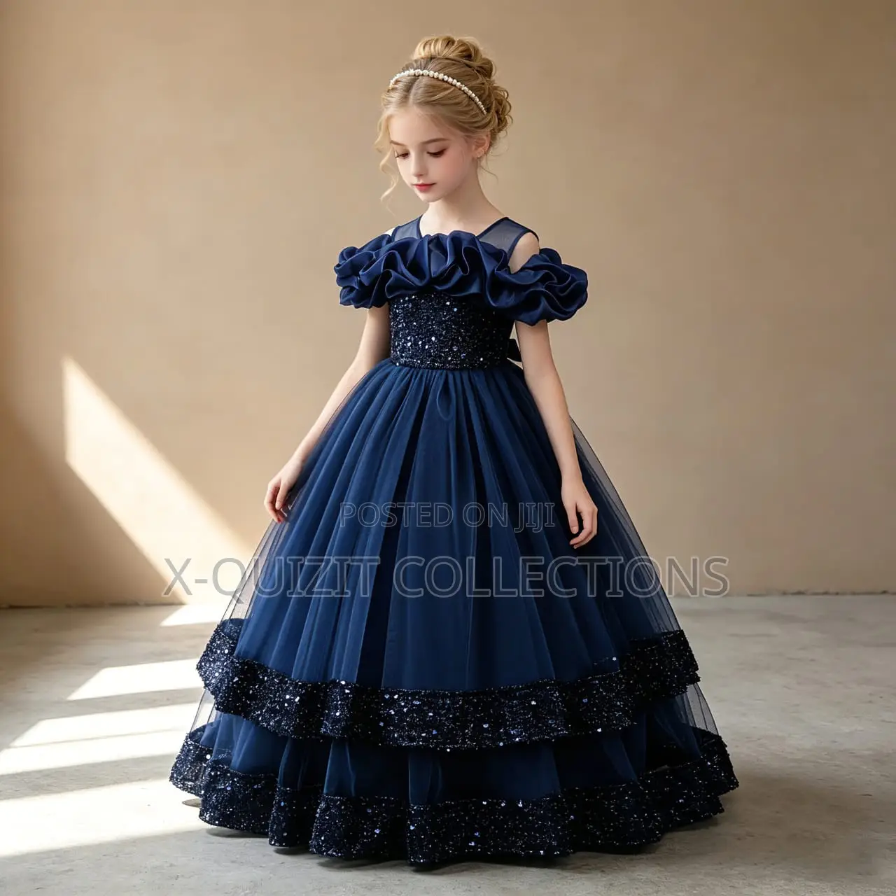 Navy Blue Sequin Cold Shoulder Party Dress(9y-14y)