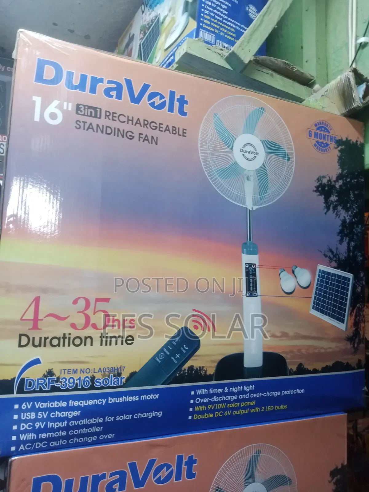 Duravolt 16-Inch 3-in-1 Solar Rechargeable Standing Fan DRF-3916