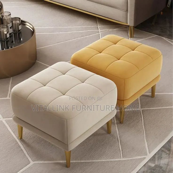 Luxury Velvet Square Ottoman With Gold Legs – Cream/Mustard