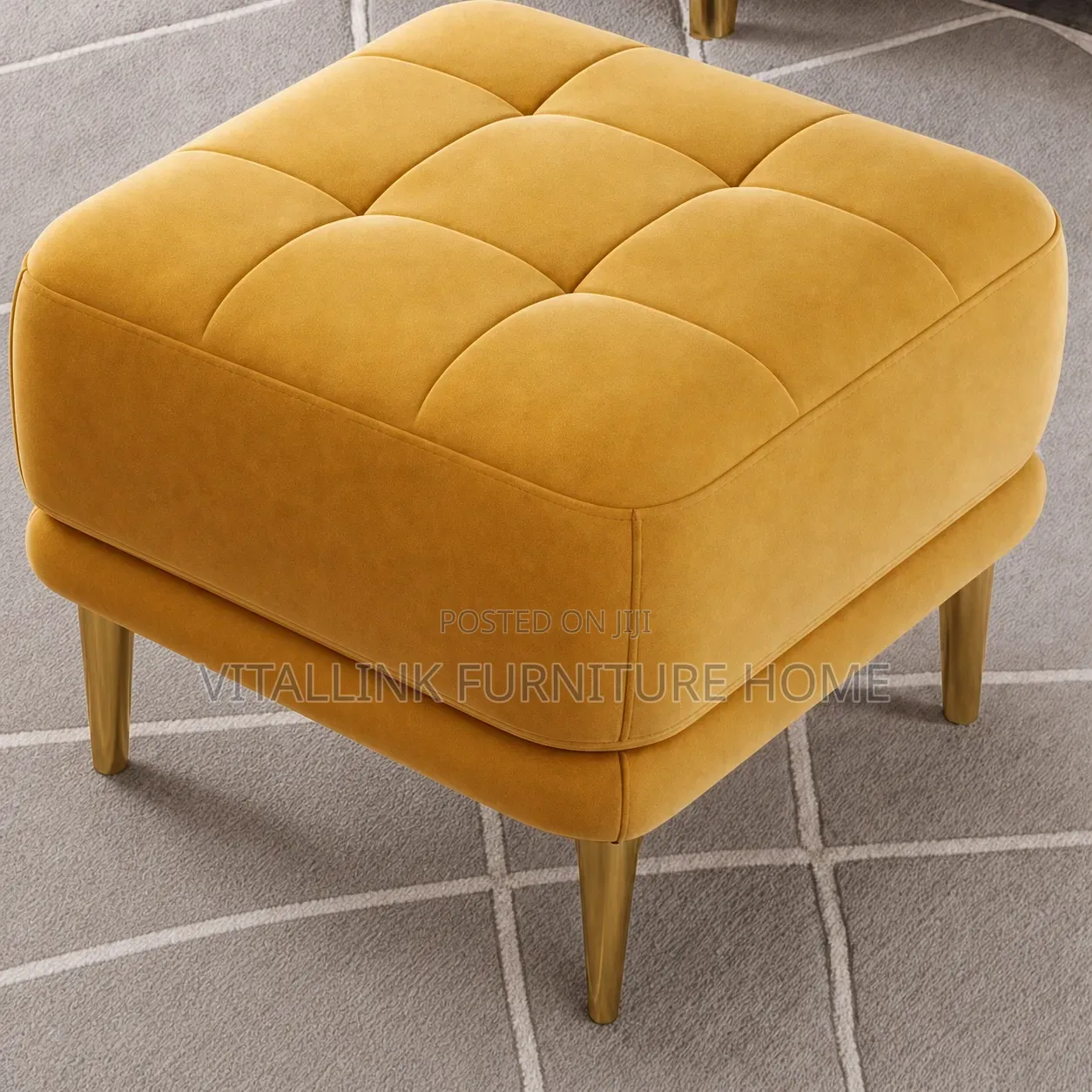 Luxury Velvet Square Ottoman With Gold Legs – Cream/Mustard