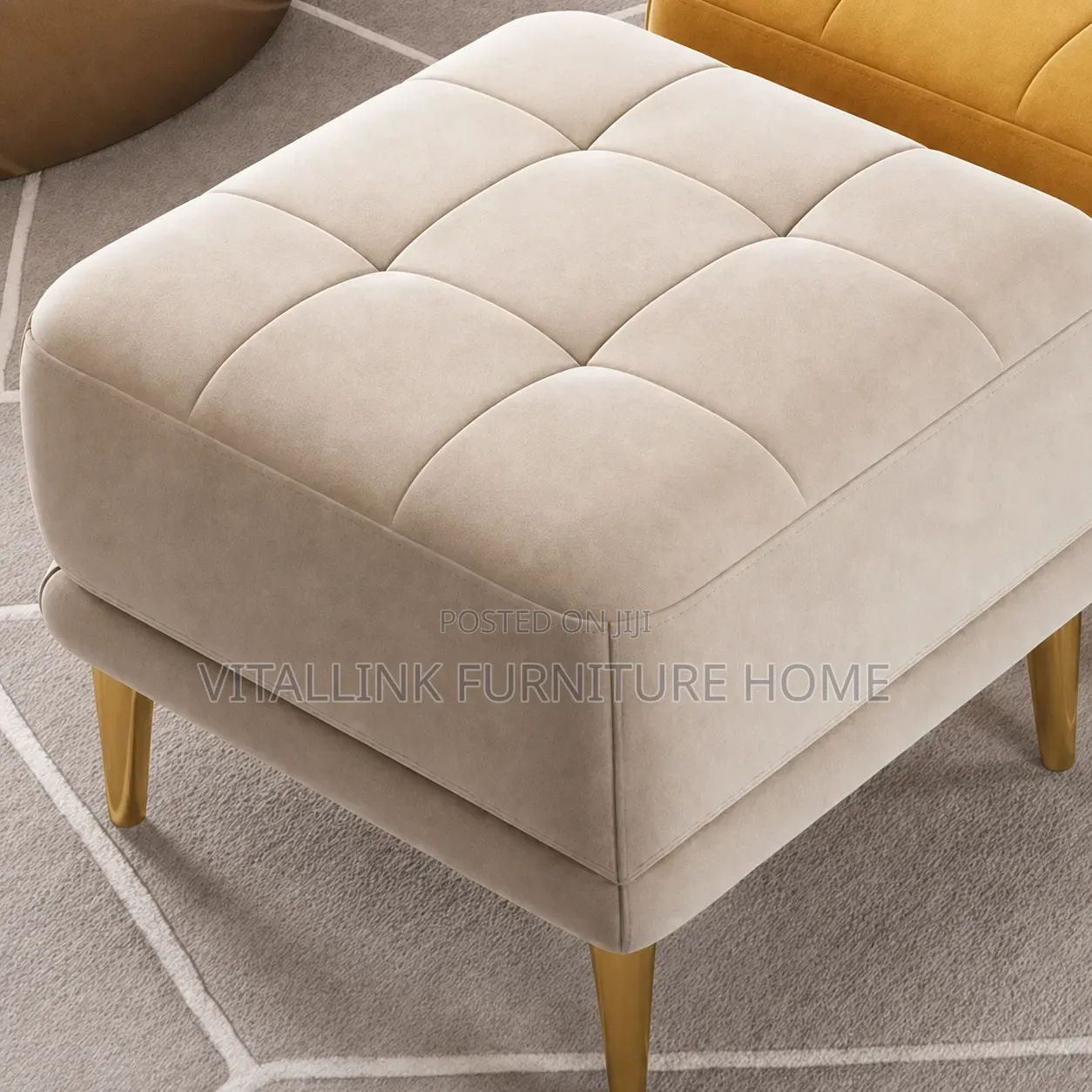 Luxury Velvet Square Ottoman With Gold Legs – Cream/Mustard
