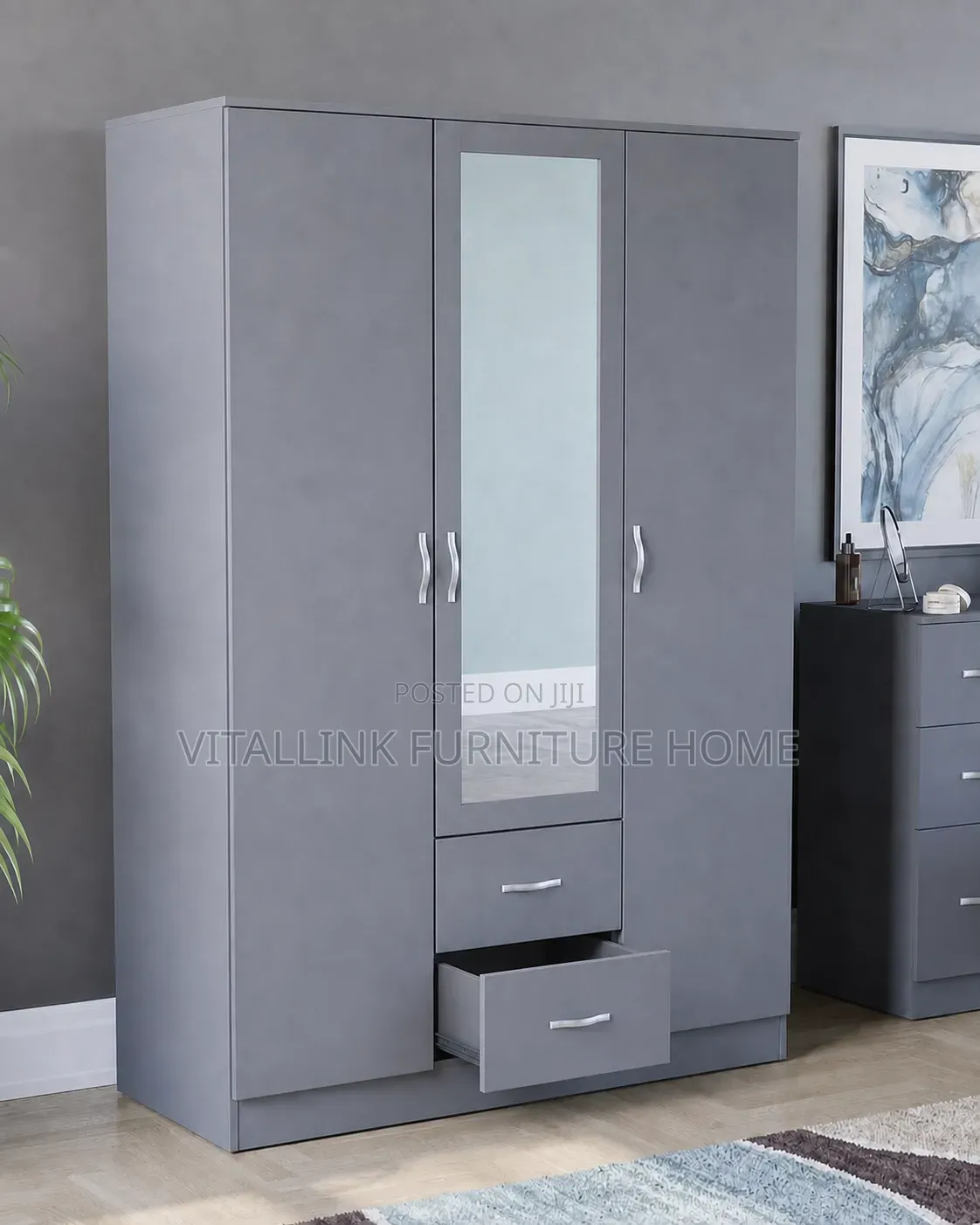 3-Door Grey Wardrobe With Full-Length Mirror 2 Drawers