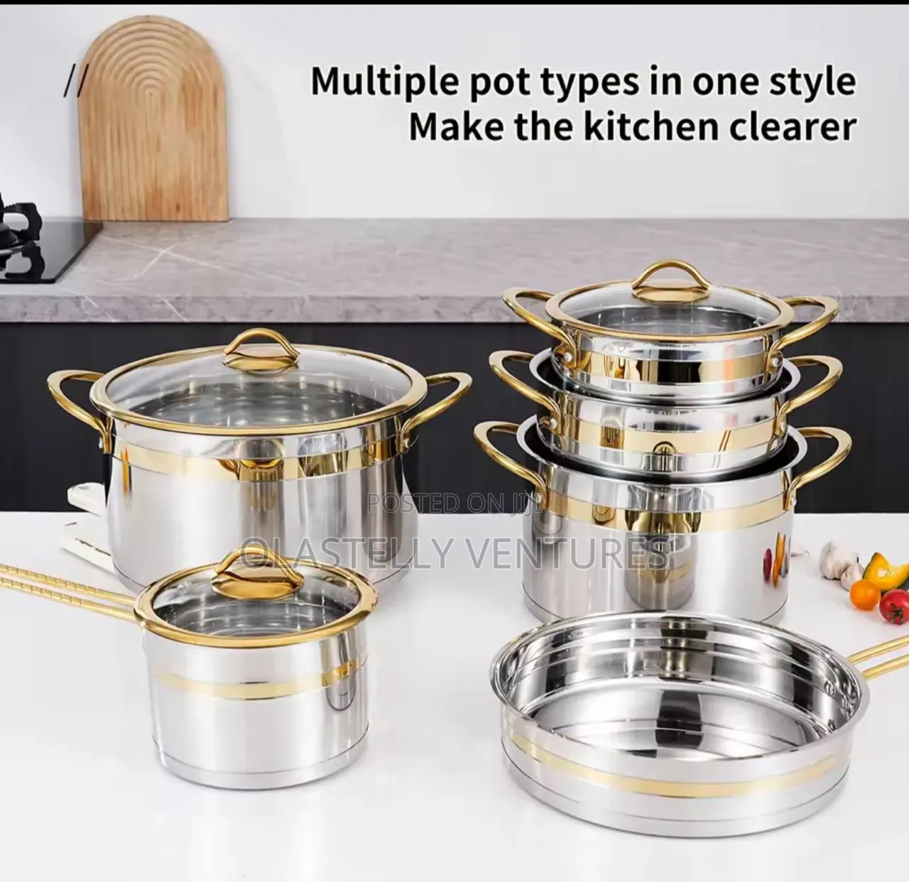 11-Piece Stainless Steel Cookware Set With Gold Accents . T