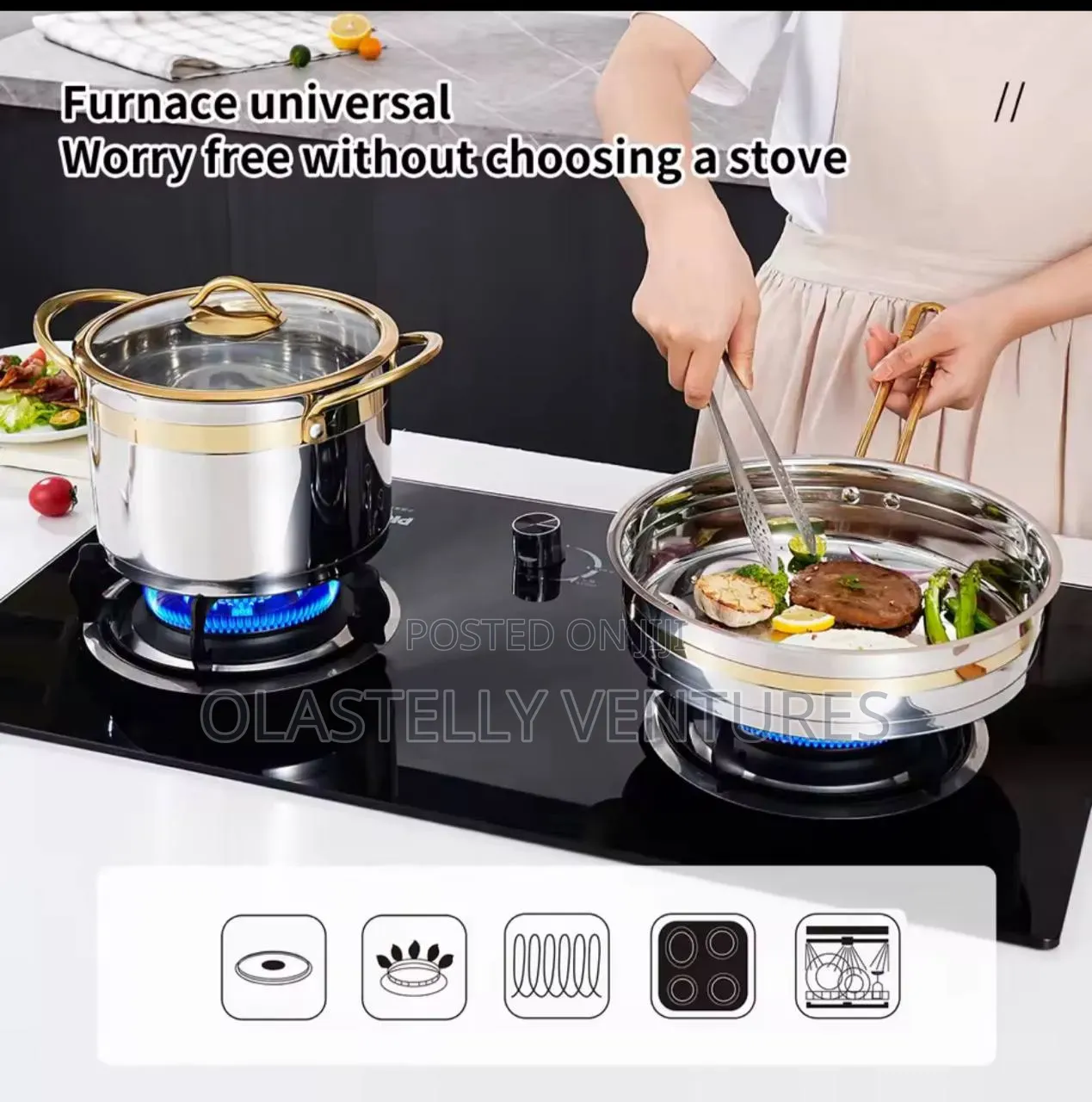 11-Piece Stainless Steel Cookware Set With Gold Accents . T