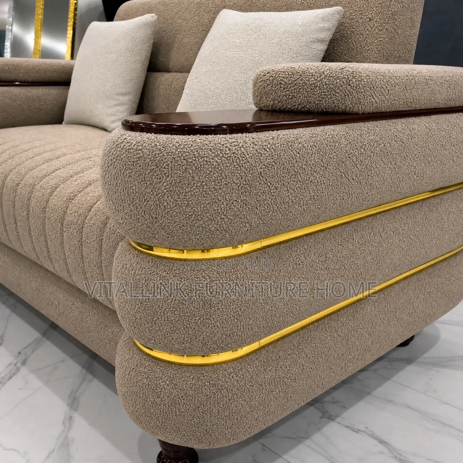 Beige Textured 2-Seater Sofa With Gold Trim Wooden Armrests