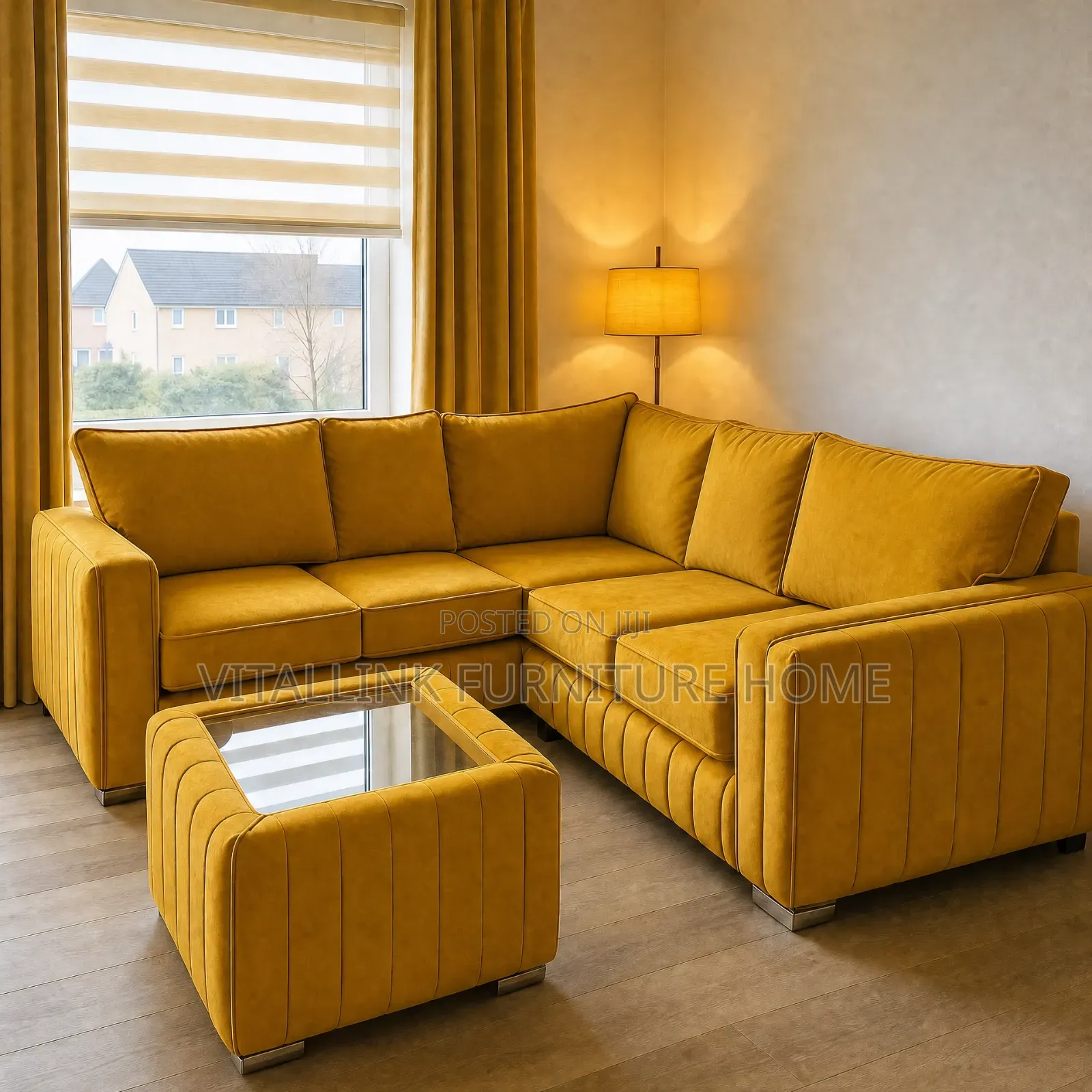 Luxury Mustard Yellow L-Shape Sofa Set With Coffee Table