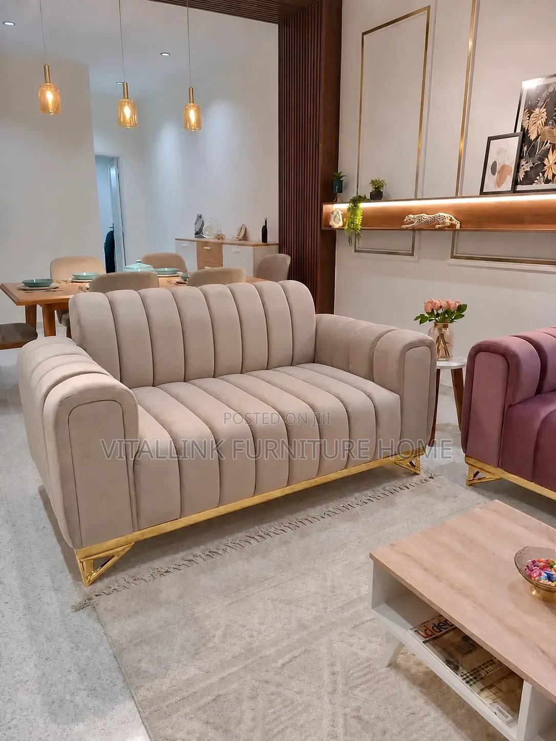 Luxe Beige Velvet Sofa Set With Gold Trim Channel Tufting